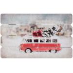 Obraz na dřevě, motiv autobus ve sněhu, 43 x 27 cm, červený