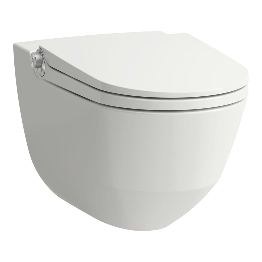 LAUFEN CLEANET RIVA Klozet se sprškou, 'rimless', závěsný, hluboké splachování, bez oplachového kruhu, včetně sedátka s poklopem, odnímatelné, zpomalovací sklápěcí systém, s dálkovým ovládáním s dotykovou obrazovkou 600 x 395 x 405 mm #H820691A000001 - a00 - Bílá LCC Active (LAUFEN Clean Coat Active)