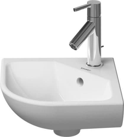 DURAVIT Rohové umývátko 072243 Design by Philippe Starck #0722433200 - p Barva 00, Bílá Vysoký lesk, polokulaté, Počet míst pro mytí: 1 Uprostřed, Počet otvorů pro armaturu na jednom umyvadle: 1 Uprostřed 435 x 380 mm