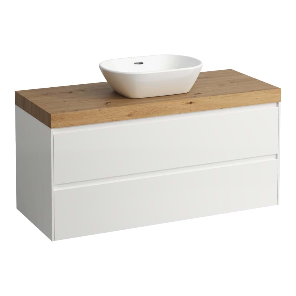 LAUFEN LANI Modulární sestava 1200, umyvadlová deska 65 mm (.267 divoký dub), s výřezem uprostřed, se 2 zásuvkami 1185 x 495 x 580 mm #H4065711129901 - 990 - Special colour