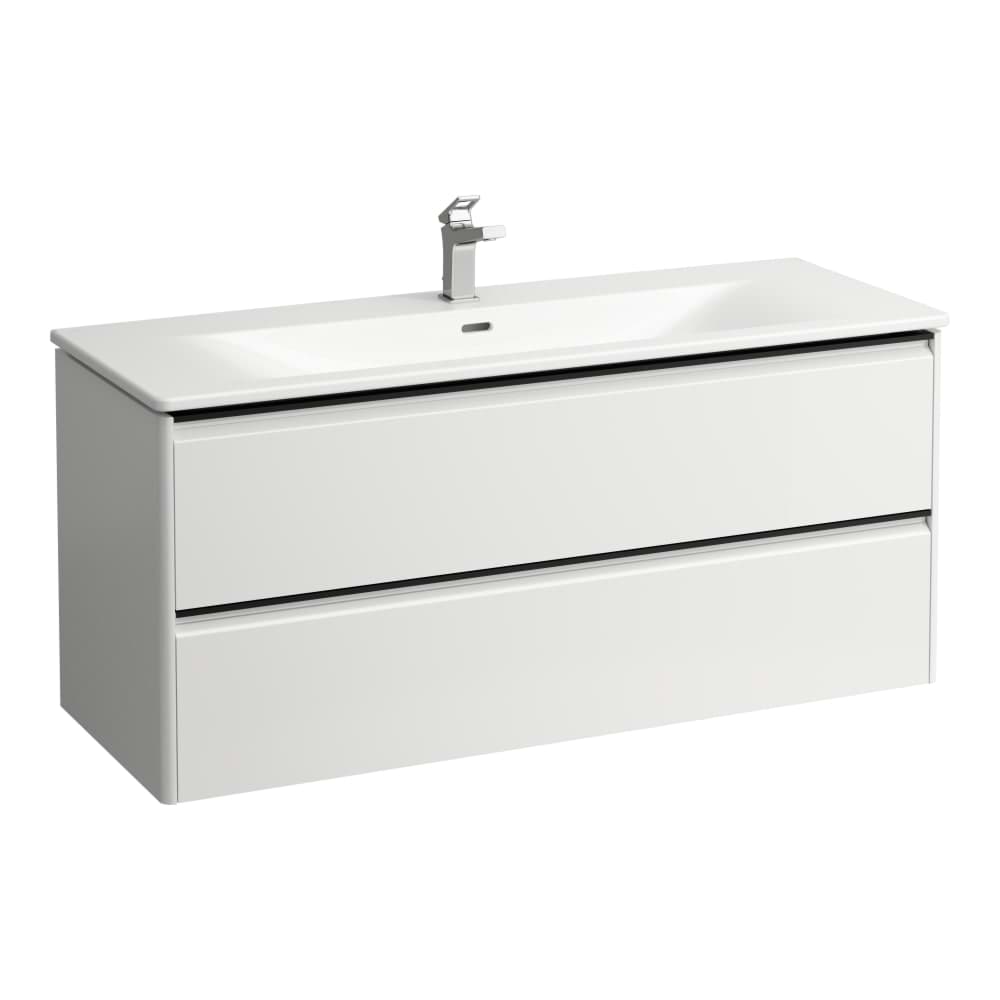 LAUFEN PALACE Umyvadlo slim se skříňkou 120 cm, se 2 zásuvkami, vč. dělícího systému do zásuvek. Lze instalovat standardní nebo prostorově úsporný sifon H894250, s držákem z eloxovaného hliníku 1200 x 450 x 545 mm #H8617092611041
