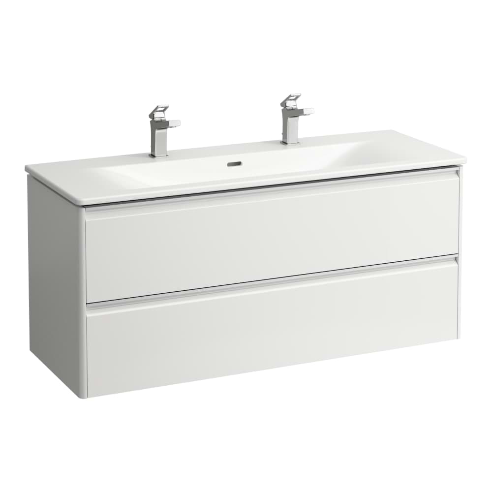 LAUFEN PALACE Umyvadlo slim se skříňkou 120 cm, se 2 zásuvkami, vč. dělícího systému do zásuvek. Lze instalovat standardní nebo prostorově úsporný sifon H894250. S držákem z eloxovaného hliníku. 1200 x 450 x 545 mm #H8607092621071