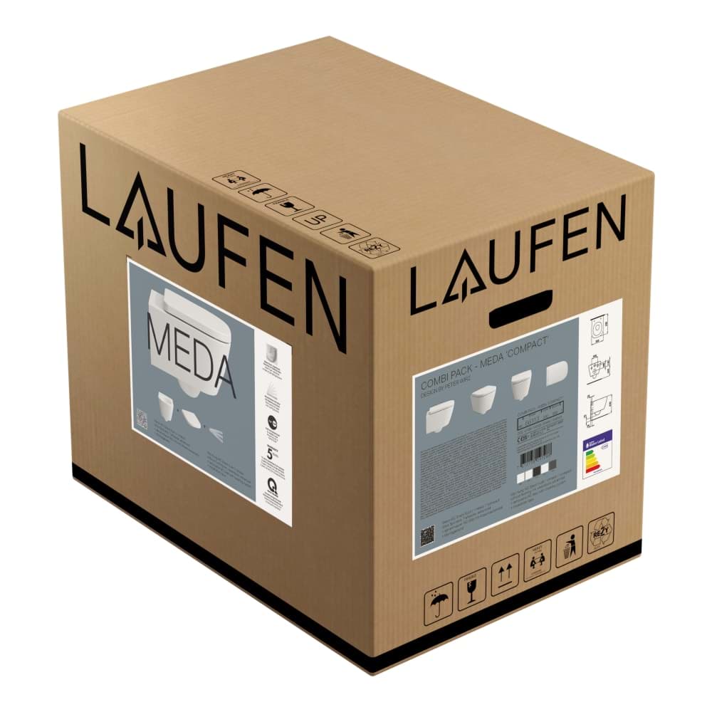 LAUFEN MEDA Závěsné WC COMBI PACK, Silent flush, rimless, hluboké splachování. Obsahuje závěsné WC rimless advanced compact, sedátko s poklopem se zpomalovacím systémem a sadu zvukově izolačních podložek mezi WC a stěnu 490 x 360 x 355 mm #H8661137570001 - 757 - Bílá mat