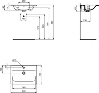 IDEAL STANDARD Connect Air nábytkové umyvadlo 640x460mm, s 1 otvorem pro baterii, s otvorem pro přepad (kulatý) #E028901 - Bílá (Alpine), obrázek 7