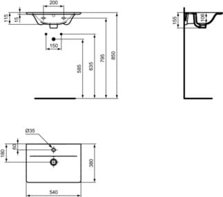 IDEAL STANDARD Connect Air nábytkové umyvadlo 540x380mm, s 1 otvorem pro baterii, s otvorem pro přepad (kulatý) #E0296MA - Bílá (Alpine) s Ideal Plus, obrázek 2