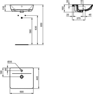 IDEAL STANDARD Connect Air polozapuštěné umyvadlo 500x440 mm, s 1 otvorem pro baterii, s otvorem pro přepad (kulatý) #E030801 - Bílá (Alpine), obrázek 3
