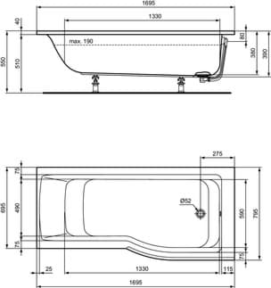 IDEAL STANDARD Prostorově úsporná vana Connect Air 1695x795 mm #E113501 - Bílá (Alpine)