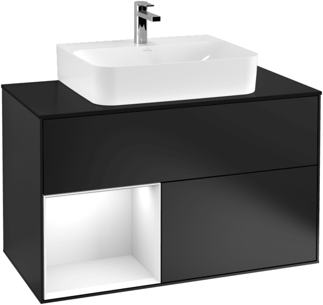 VILLEROY BOCH Umyvadlová skříňka Finion, s osvětlením, 2 výsuvy, 1000 x 603 x 501 mm, černý matný lak / lesklý bílý lak / černé matné sklo #F112GFPD