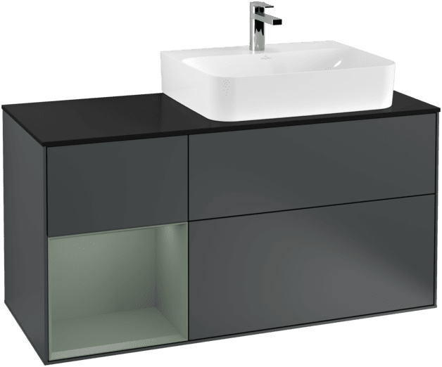 VILLEROY BOCH Toaletní skříňka Finion, s osvětlením, 3 výsuvy, 1200 x 603 x 501 mm, Midnight Blue Matt Lacquer / Olive Matt Lacquer / Glass Black Matt #F142GMHG, obrázek 1