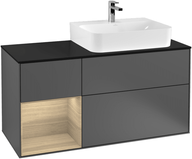 VILLEROY BOCH Toaletní skříňka Finion, s osvětlením, 3 výsuvy, 1200 x 603 x 501 mm, antracitový matný lak / dubová dýha / černé matné sklo #F142PCGK