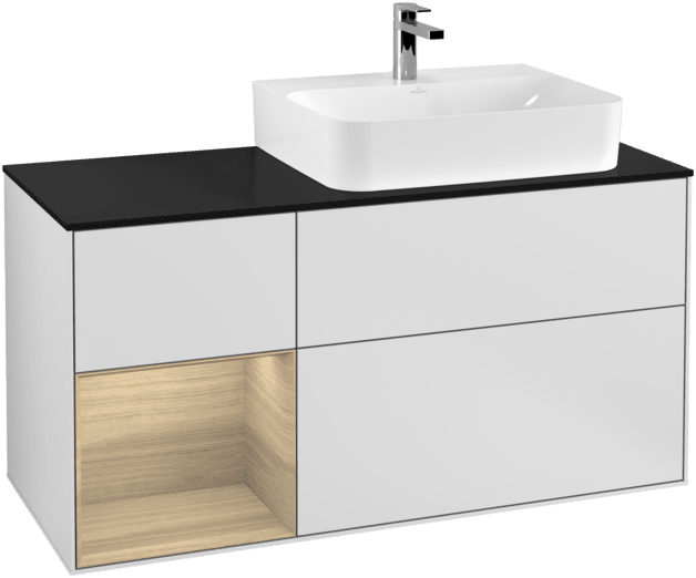 VILLEROY BOCH Toaletní skříňka Finion, s osvětlením, 3 výsuvy, 1200 x 603 x 501 mm, bílý matný lak / dubová dýha / černé matné sklo #F142PCMT, obrázek 1
