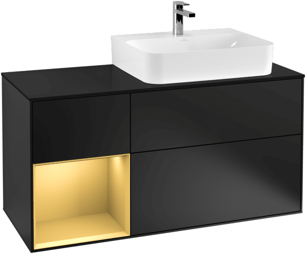 VILLEROY BOCH Toaletní skříňka Finion, s osvětlením, 3 výsuvy, 1200 x 603 x 501 mm, černý matný lak / zlatý matný lak / černé matné sklo #F142HFPD