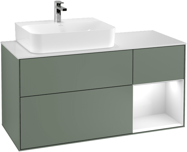 VILLEROY BOCH Toaletní skříňka Finion, s osvětlením, 3 výsuvy, 1200 x 603 x 501 mm, olivově matný lak / lesklý bílý lak / sklo bílé matné #F151GFGM