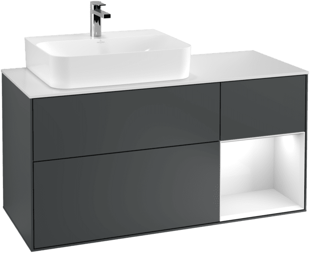 VILLEROY BOCH Toaletní skříňka Finion, s osvětlením, 3 výsuvy, 1200 x 603 x 501 mm, Midnight Blue Matt Lacquer / Glossy White Lacquer / Glass White Matt #F151GFHG, obrázek 1