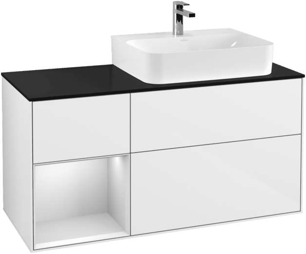 VILLEROY BOCH Toaletní skříňka Finion, s osvětlením, 3 výsuvy, 1200 x 603 x 501 mm, lesklý bílý lak / bílý matný lak / sklo černé matné #F142MTGF