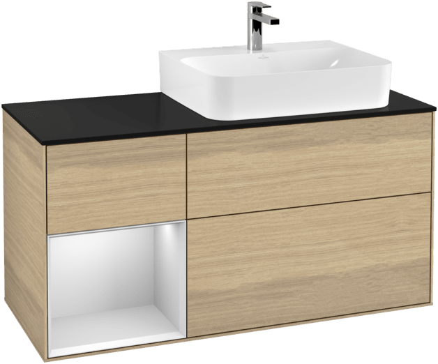 VILLEROY BOCH Toaletní skříňka Finion, s osvětlením, 3 výsuvy, 1200 x 603 x 501 mm, dubová dýha / bílý matný lak / černé matné sklo #F142MTPC