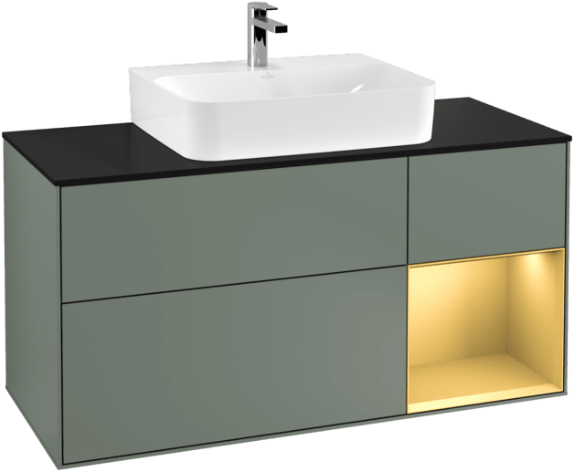 VILLEROY BOCH Toaletní skříňka Finion, s osvětlením, 3 výsuvy, 1200 x 603 x 501 mm, olivový matný lak / zlatý matný lak / černé matné sklo #F172HFGM