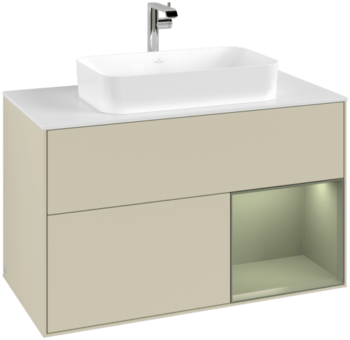 VILLEROY BOCH Toaletní skříňka Finion, s osvětlením, 2 výsuvy, 1000 x 603 x 501 mm, hedvábně šedý matný lak / olivový matný lak / bílé matné sklo #F251GMHJ