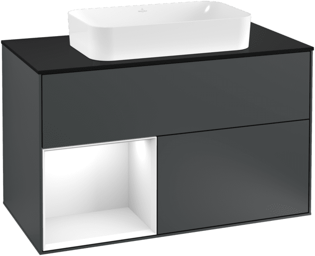 VILLEROY BOCH Toaletní skříňka Finion, s osvětlením, 2 výsuvy, 1000 x 603 x 501 mm, Midnight Blue Matt Lacquer / Glossy White Lacquer / Glass Black Matt #F242GFHG