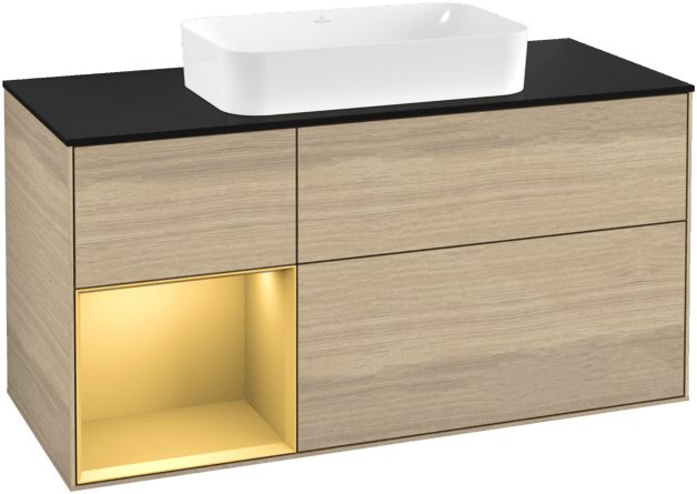 VILLEROY BOCH Toaletní skříňka Finion, s osvětlením, 3 výsuvy, 1200 x 603 x 501 mm, dubová dýha / zlatý matný lak / černé matné sklo #F292HFPC