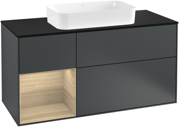 VILLEROY BOCH Toaletní skříňka Finion, s osvětlením, 3 výsuvy, 1200 x 603 x 501 mm, Midnight Blue Matt Lacquer / Oak Veneer / Glass Black Matt #F292PCHG