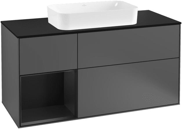 VILLEROY BOCH Toaletní skříňka Finion, s osvětlením, 3 výsuvy, 1200 x 603 x 501 mm, antracitový matný lak / černý matný lak / černé matné sklo #F292PDGK