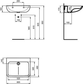 IDEAL STANDARD Umyvadlo Contour 21+ 600x480 mm, bez otvoru pro baterii, bez přepadu #E1726HY - Bílá (SmartGuard)