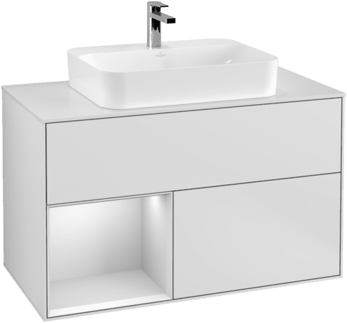 VILLEROY BOCH Toaletní skříňka Finion, s osvětlením, 2 výsuvy, 1000 x 603 x 501 mm, bílý matný lak / bílý matný lak / sklo bílé matné #F361MTMT