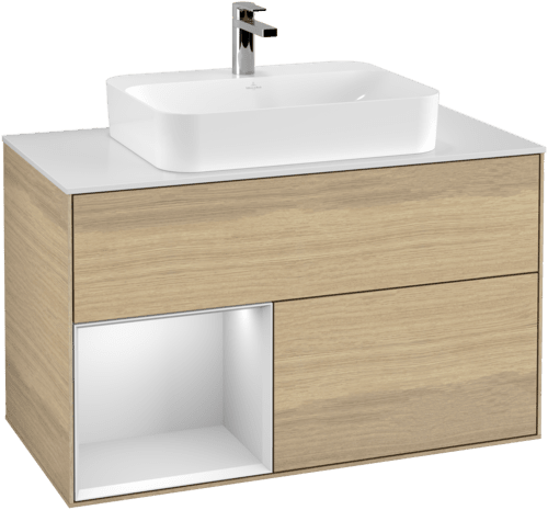 VILLEROY BOCH Toaletní skříňka Finion, s osvětlením, 2 výsuvy, 1000 x 603 x 501 mm, dubová dýha / bílý matný lak / sklo bílé matné #F361MTPC