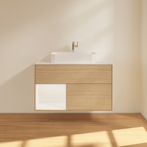 VILLEROY BOCH Toaletní skříňka Finion, s osvětlením, 2 výsuvy, 1000 x 603 x 501 mm, dubová dýha / bílý matný lak / sklo bílé matné #F361MTPC, obrázek 3