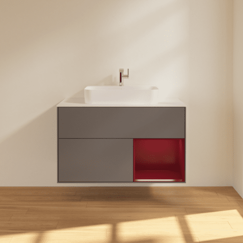 VILLEROY BOCH Toaletní skříňka Finion, s osvětlením, 2 výsuvy, 1000 x 603 x 501 mm, antracit matný lak / pivoňka matný lak / sklo bílé matné #F371HBGK, obrázek 3