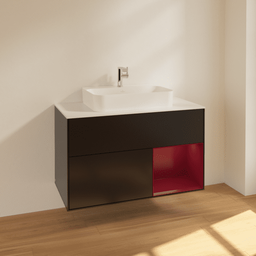 VILLEROY BOCH Toaletní skříňka Finion, s osvětlením, 2 výsuvy, 1000 x 603 x 501 mm, černý matný lak / pivoňkový matný lak / bílé matné sklo #F371HBPD, obrázek 2