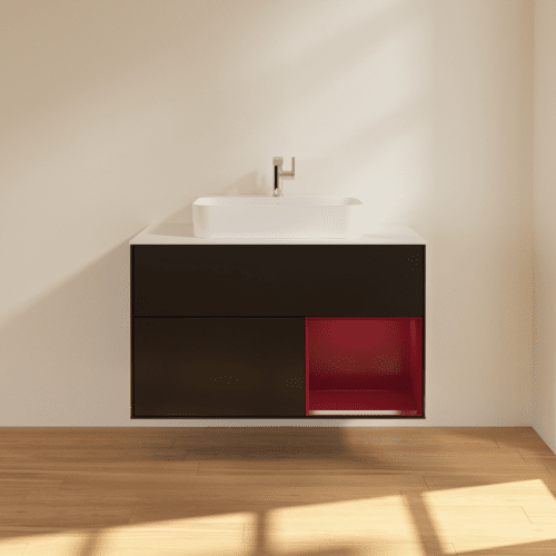 VILLEROY BOCH Toaletní skříňka Finion, s osvětlením, 2 výsuvy, 1000 x 603 x 501 mm, černý matný lak / pivoňkový matný lak / bílé matné sklo #F371HBPD, obrázek 3
