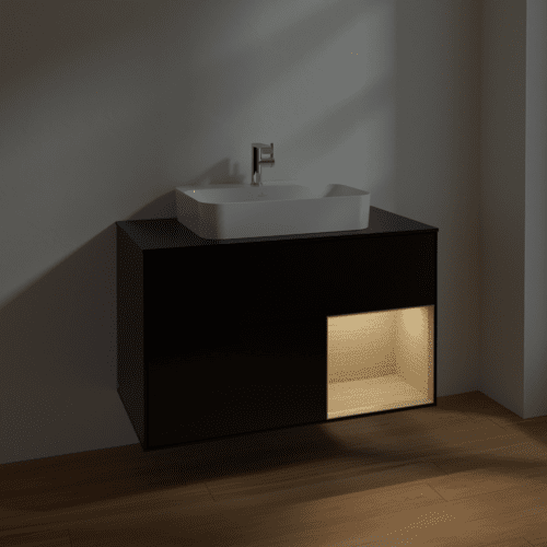 VILLEROY BOCH Toaletní skříňka Finion, s osvětlením, 2 výsuvy, 1000 x 603 x 501 mm, černý matný lak / dubová dýha / černé matné sklo #F372PCPD, obrázek 5