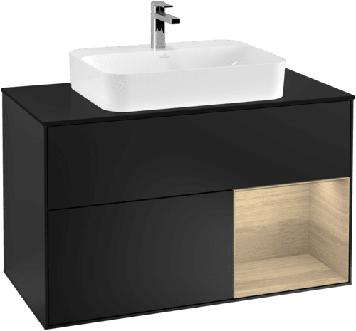 VILLEROY BOCH Toaletní skříňka Finion, s osvětlením, 2 výsuvy, 1000 x 603 x 501 mm, černý matný lak / dubová dýha / černé matné sklo #F372PCPD