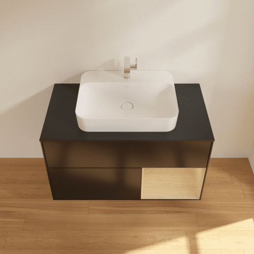 VILLEROY BOCH Toaletní skříňka Finion, s osvětlením, 2 výsuvy, 1000 x 603 x 501 mm, černý matný lak / dubová dýha / černé matné sklo #F372PCPD, obrázek 4