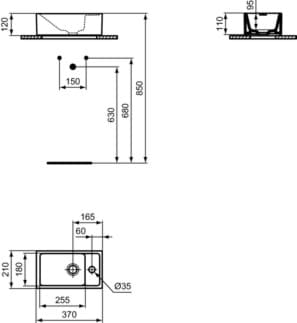 IDEAL STANDARD Umyvadlo Ideal Standard i.life S 370x210 mm, s 1 otvorem pro baterii, bez přepadu #E210901 - Bílá (Alpine), obrázek 1
