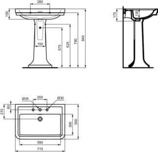 IDEAL STANDARD Umyvadlo Calla 715x500 mm, se 3 otvory pro baterie, s tříotvorovým přepadem (kulaté) #E222301 - Bílá (Alpine), obrázek 4