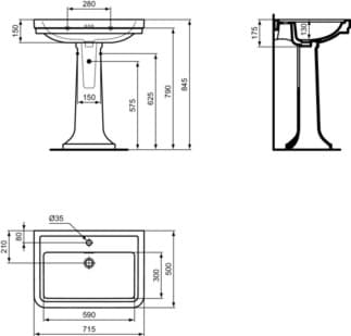 IDEAL STANDARD Umyvadlo Calla 715x500 mm, s 1 otvorem pro baterii, s tříotvorovým přepadem (kulaté) #E221901 - Bílá (Alpine), obrázek 4