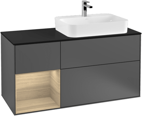VILLEROY BOCH Toaletní skříňka Finion, s osvětlením, 3 výsuvy, 1200 x 603 x 501 mm, antracitový matný lak / dubová dýha / černé matné sklo #F392PCGK