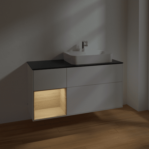 VILLEROY BOCH Toaletní skříňka Finion, s osvětlením, 3 výsuvy, 1200 x 603 x 501 mm, lesklý bílý lak / dubová dýha / černé matné sklo #F392PCGF, obrázek 5
