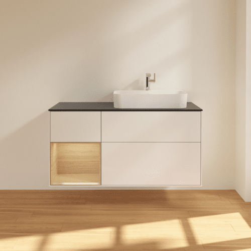 VILLEROY BOCH Toaletní skříňka Finion, s osvětlením, 3 výsuvy, 1200 x 603 x 501 mm, lesklý bílý lak / dubová dýha / černé matné sklo #F392PCGF, obrázek 3