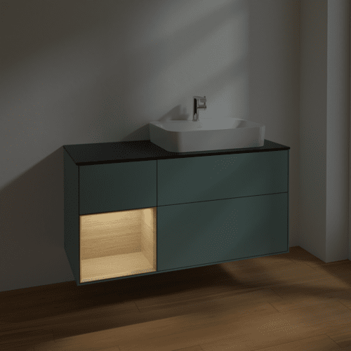 VILLEROY BOCH Toaletní skříňka Finion, s osvětlením, 3 výsuvy, 1200 x 603 x 501 mm, olivový matný lak / dubová dýha / sklo černé matné #F392PCGM, obrázek 5