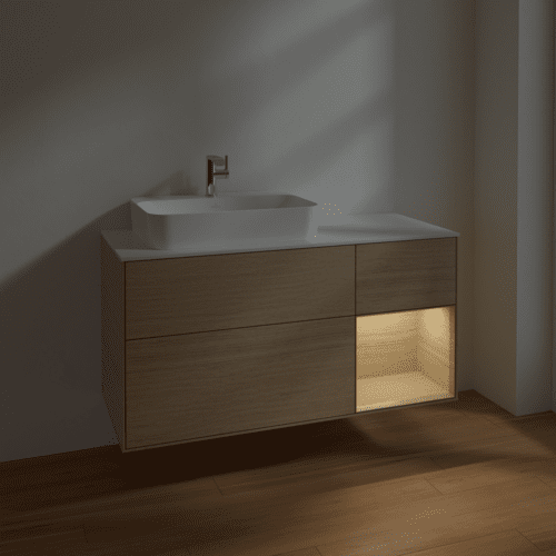 VILLEROY BOCH Toaletní skříňka Finion, s osvětlením, 3 výsuvy, 1200 x 603 x 501 mm, dubová dýha / dubová dýha / sklo bílé matné #F401PCPC, obrázek 5