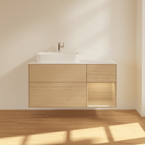 VILLEROY BOCH Toaletní skříňka Finion, s osvětlením, 3 výsuvy, 1200 x 603 x 501 mm, dubová dýha / dubová dýha / sklo bílé matné #F401PCPC, obrázek 3