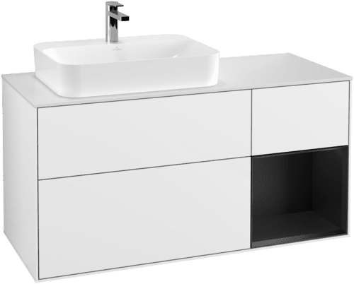 VILLEROY BOCH Toaletní skříňka Finion, s osvětlením, 3 výsuvy, 1200 x 603 x 501 mm, lesklý bílý lak / černý matný lak / sklo bílé matné #F401PDGF