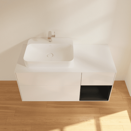 VILLEROY BOCH Toaletní skříňka Finion, s osvětlením, 3 výsuvy, 1200 x 603 x 501 mm, lesklý bílý lak / černý matný lak / sklo bílé matné #F401PDGF, obrázek 4