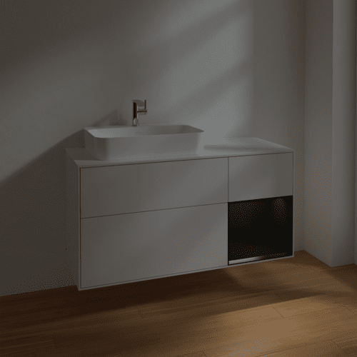 VILLEROY BOCH Toaletní skříňka Finion, s osvětlením, 3 výsuvy, 1200 x 603 x 501 mm, lesklý bílý lak / černý matný lak / sklo bílé matné #F401PDGF, obrázek 5