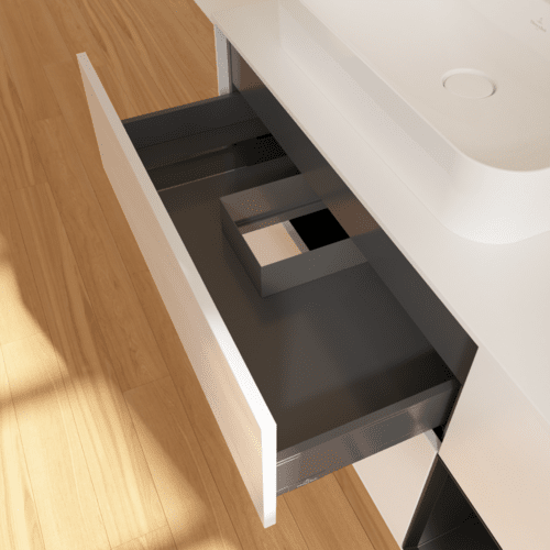 VILLEROY BOCH Toaletní skříňka Finion, s osvětlením, 3 výsuvy, 1200 x 603 x 501 mm, lesklý bílý lak / černý matný lak / sklo bílé matné #F401PDGF, obrázek 8