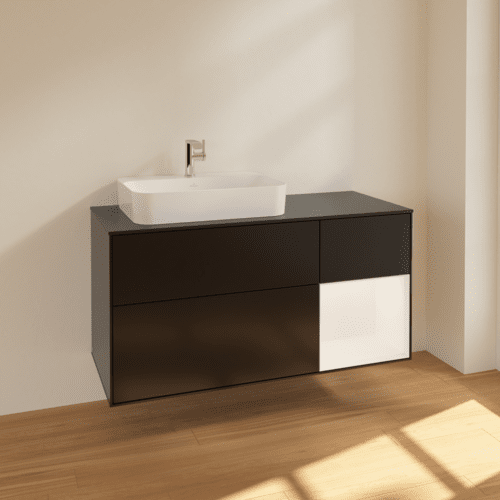 VILLEROY BOCH Toaletní skříňka Finion, s osvětlením, 3 výsuvy, 1200 x 603 x 501 mm, černý matný lak / bílý matný lak / černé matné sklo #F402MTPD, obrázek 2